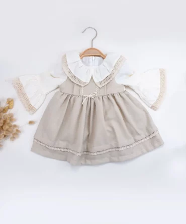 Çocuk Elbise, Bej Fisto Detaylı Organik Kız Çocuk bebek Elbisesi