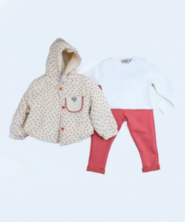 Kız çocuk, kız bebek kıyafet, Müslin Kumaş Dolgulu Desenli Mont, %100 pamuk yumuşacık penye Kiremit rengi tayt pantolon takım