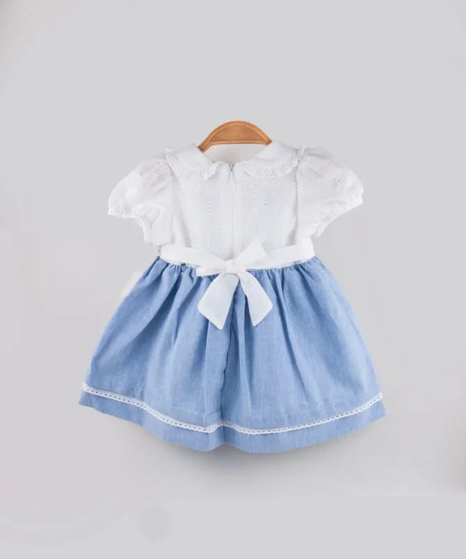 Fisto detaylı, mavi bebek elbise, beyaz bebek elbise, yazlık kız çocuk elbise